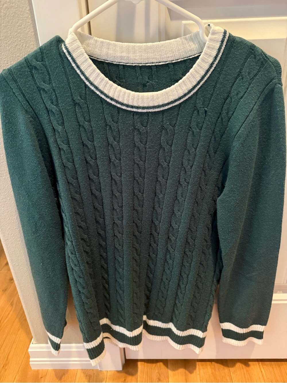 Women’s Cable Crewneck Sweater in Dark Teal with White Trim